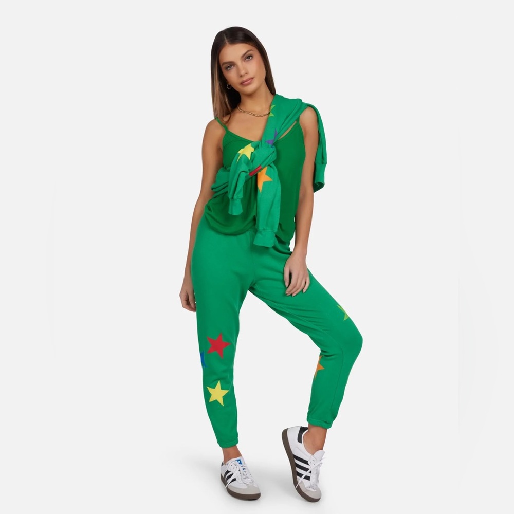 Michael Lauren Nate Cropped Sweatpants in Green Apple Star Print Size Small - Picture 3 of 5